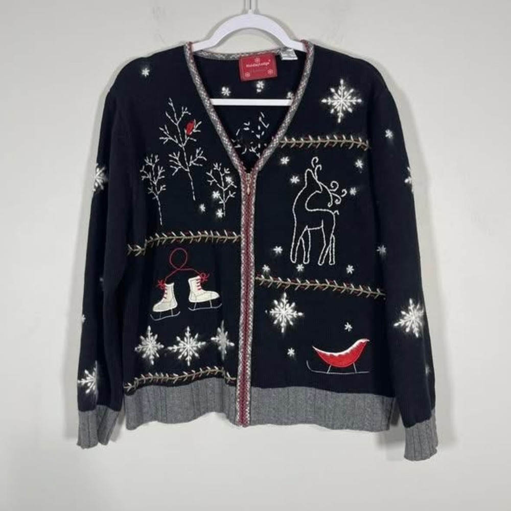 VTG Holiday Lodge Northcrest Christmas Cardigan Sweater Wms XL Blk‎ Rabbit Fur